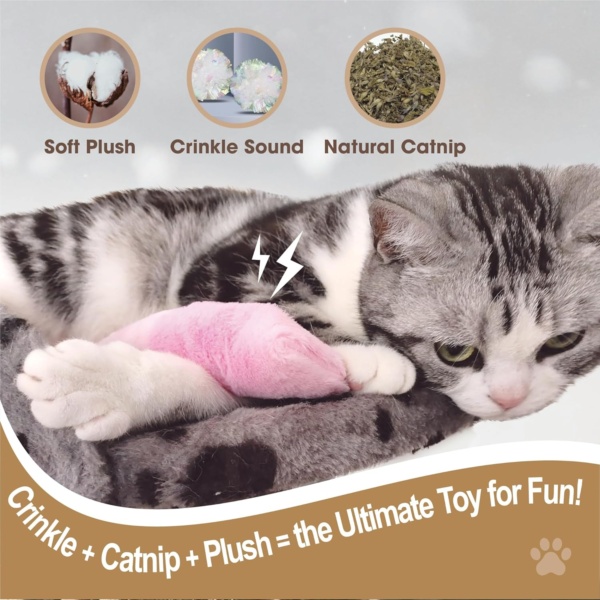 JWPET 5 Pcs Cat Catnip Toys - Interactive Plush Catnip Chew Toys with Crinkle Pillow for Indoor Cats & Kittens - Teeth Grinding & Dental Health Fun (Style A) - Image 3