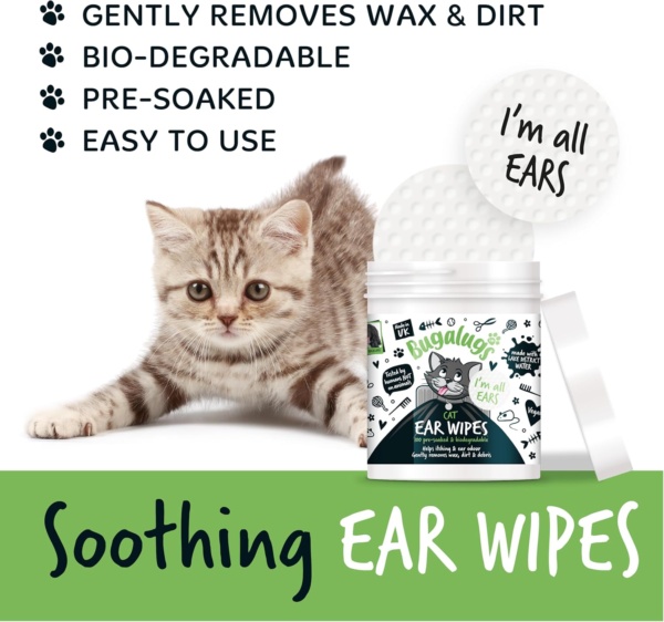 BUGALUGS Cat Ear Cleaner Cat Wipes 100 Biodegradable textured pre-soaked cat ear wipes. Pet Wipes Cat Ear Cleaner Solution Stops Head Shaking, Itching & Waxy Ears (100 Wipes) - Image 8