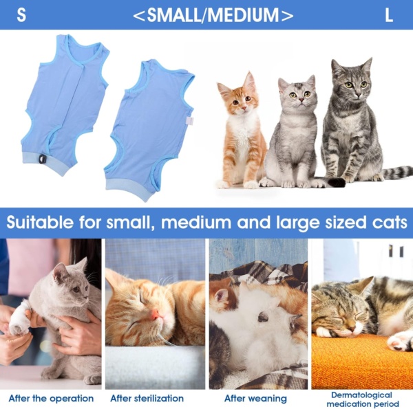 Cat Professional Recovery Suit for Abdominal Wounds or Skin Diseases, After Surgery E-Collar Alternative for Cats Anti Licking Pajama Suit Kittens Surgery Recovery Suit (Blue, M Size) - Image 3