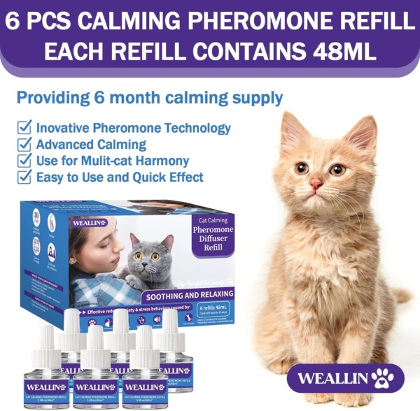 6 Pack Cat Calming Plug-in Refills - Cat Pheromone Diffuser Refills Relieve Anxiety & Stress 6 Month Supply, Cat Pheromones Calming Diffuser Refill(Fits All Common Diffuser Heads) - Image 2