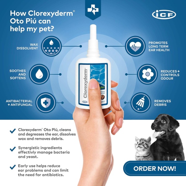 Clorexyderm OTO Piu | Cat & Dog Ear Cleaner Solution | Dog Ear Drops to Stop Wax Build Up, Head Shaking, Discomfort, Ear Odour & Scratching | 150ml - Image 3