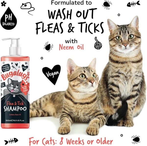 Flea and Tick Cat Shampoo by Bugalugs 500ml, Deep Cleansing for Cats for Fleas, Ticks & Mites contains Neem Oil, PH Balanced Vegan (500ml Flea Shampoo) - Image 3