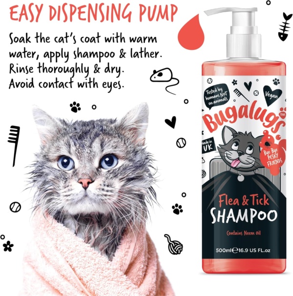 Flea and Tick Cat Shampoo by Bugalugs 500ml, Deep Cleansing for Cats for Fleas, Ticks & Mites contains Neem Oil, PH Balanced Vegan (500ml Flea Shampoo) - Image 6