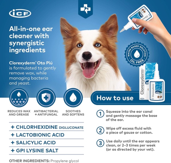 Clorexyderm OTO Piu | Cat & Dog Ear Cleaner Solution | Dog Ear Drops to Stop Wax Build Up, Head Shaking, Discomfort, Ear Odour & Scratching | 150ml - Image 2